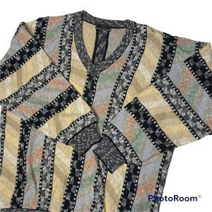 Vintage Raffi Sweater 1990's Coogi Inspired V Neck Made In Italy Funky Colorful